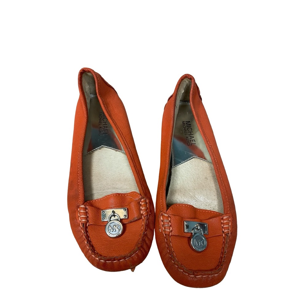 Michael Kors Fulton Orange Pebbled Leather Logo Padlock Moccasin Flats Womens 7M